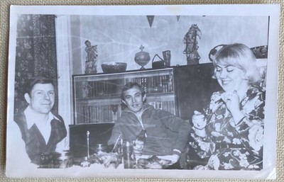Vtg Photo Friends Having Dinner Girl Lighting Cig Drinking 1979 B&W 5.5'' x 3.5''
