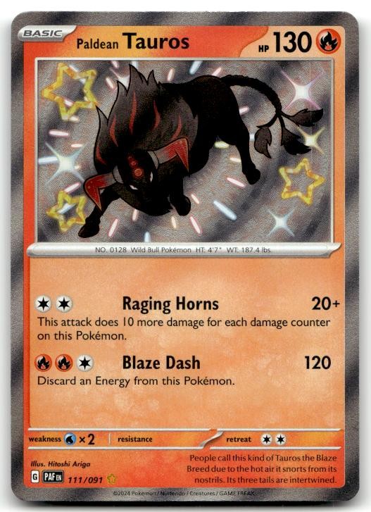 Paldean Tauros 111/091 Shiny Rare Paldean Fates Pokemon Holo Lightly Played