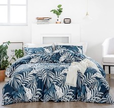Hawaiian Botanical Duvet Cover Queen 100 Cotton Tropical Leaves 3 Pcs Set Bl...