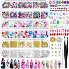Nail Gems, 3-Box Colorful Nail Rhinestones Nail Charms and Gems, 3D Rainbow Crys