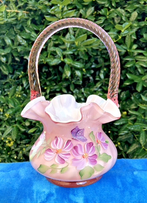 NEW Stunning Fenton Glass Butterfly Hand Painted Dusty Rose Pink Overlay Basket