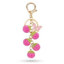 Crochet Strawberry Keychain Gift Bag Charm with Crystal Butterfly for Pink