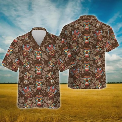 Vintage Tiki Mask Hawaiian Shirt Mens Womens Tropical Aloha Beach