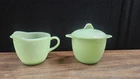 Vintage Mcm Anchor Hocking FIRE KING JADEITE JANE RAY CREAM & SUGAR  W/ Lid Euc