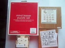 Mind Teaser, Set of 4 steel Puzzle Rings~2 Square Wooden Puzzles~1~Wooden Square