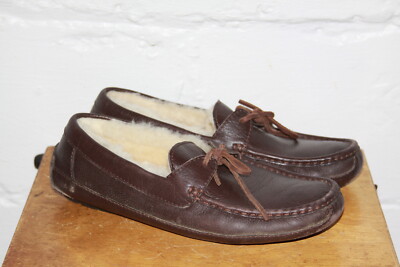 EUC Ugg Brown Leather Faux Fur Lined Slippers Driving 