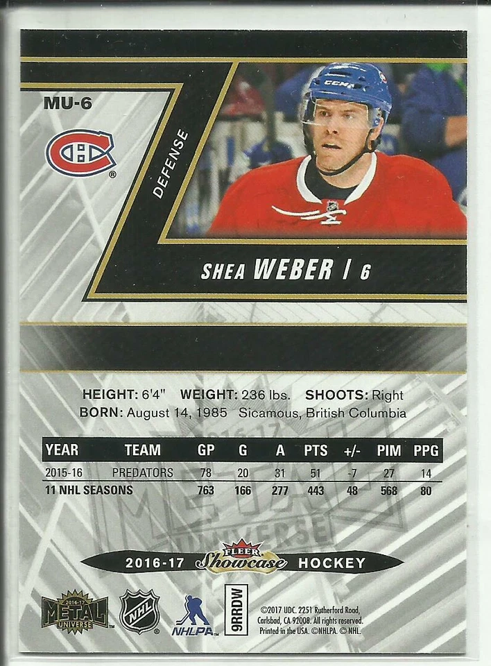 2016-17 Upper Deck Fleer Showcase Metal Universe #MU-6 Shea Weber - Image 2 of 2