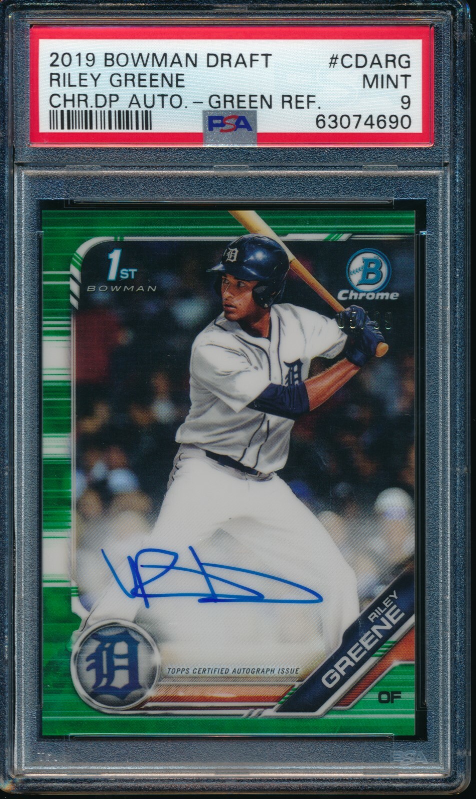 PSA 9 RILEY GREENE AUTO 2019 Bowman Chrome Draft GREEN REFRACTOR #/99 RC MINT
