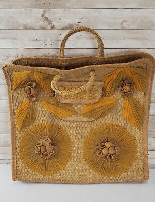 Mexico Woven Flower Straw Yarn Cabana Picnic Beach Bag Market Tote 19 x 19 3D