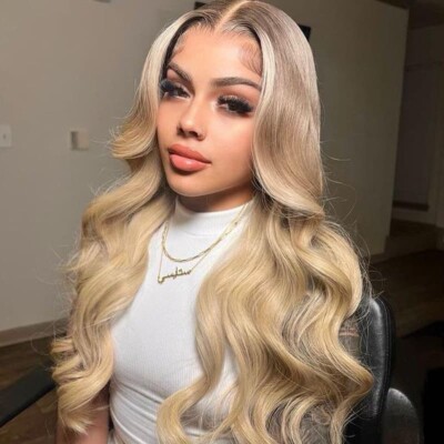 UK Damen Vollperücke Blond Echthaar Wellig Und Wellig Full Lace Front Lange Perücken.