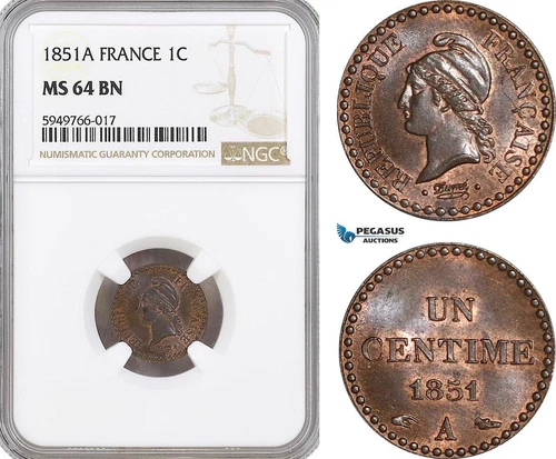 AG577, France, Second Republic, 1 Centime 1851-A, Paris, NGC MS64BN