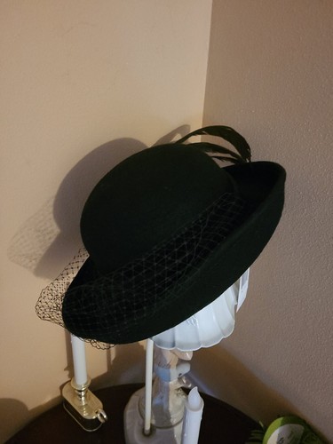 Jean Arlett Creations Vintage Damenhut schwarz Filz breite Krempe verschleiert mit Etikett  - Bild 1 von 9