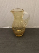 Vintage Amber Crackle Glass Pitcher With Ribbed Applied Handle W/Pontil Hand Bln