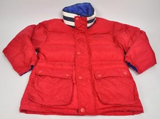 Nautica Youth M 12/14 Puffer Coat Red Blue Duck Down Zip Snaps Striped Collar