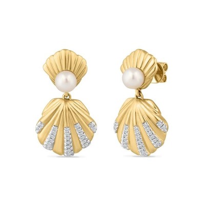 Freshwater Pearl Sea Shell Design Earrings 925 Fine Silver Dual Tone Jewelry