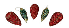 Extra-Large Red Green Glittery Pinecone Christmas Ornaments Set of 5