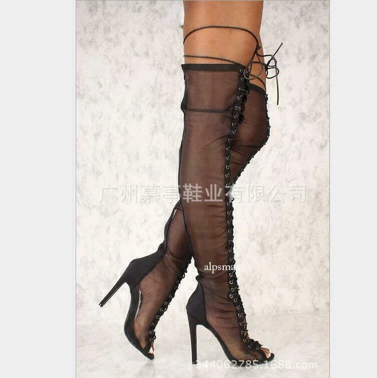 Mujeres Malla Hueca Punta abierta Con cordones Sobre la rodilla Muslo Botas Tacones Altos Tacones de aguja Foto 3 de 4