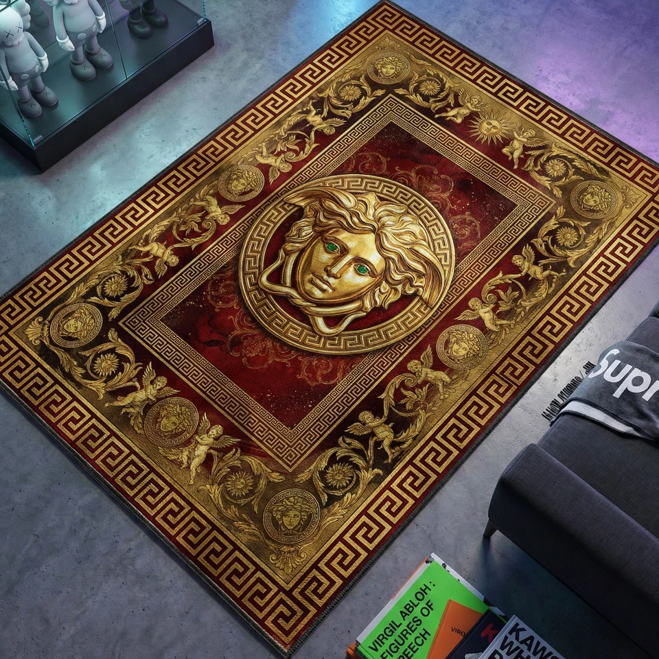 Alfombra Medusa estilo Versace roja y dorada, alfombra llave griega, alfombrilla barroca Foto 3 de 4