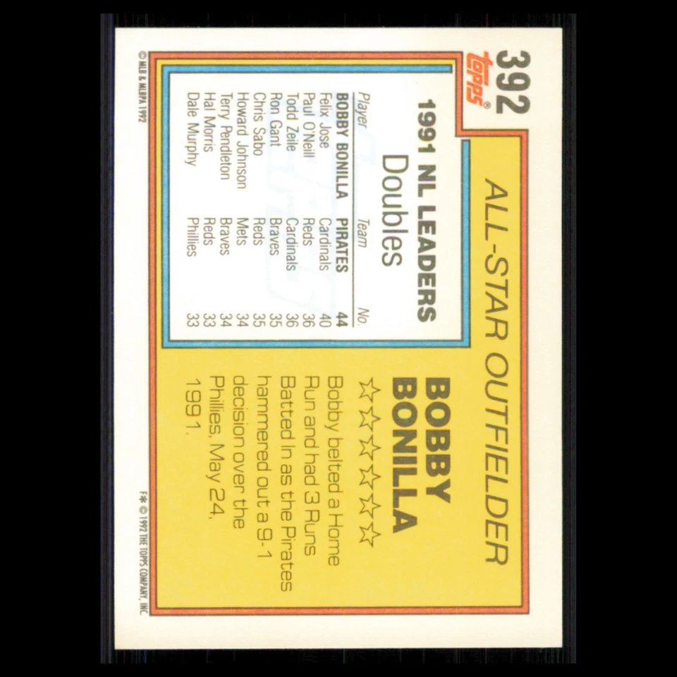 Bobby Bonilla #392 1992 Topps Pittsburgh Pirates Baseball Card MLB NM - Image 2 of 3