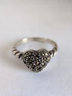 VINTAGE STERLING SILVER SIZE 7 9.5MM MARCASITE HEART RING SIGNED HAN 3.2 GRAMS