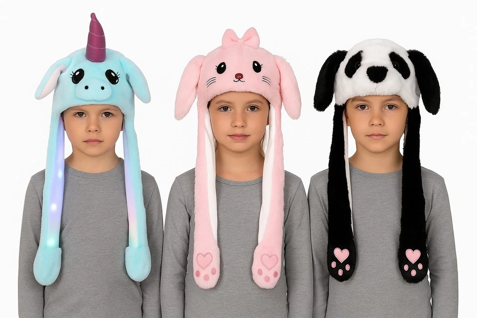 MB MÜLLER 3er Set LED Mütze Einhorn / Katze / Panda Wackelohr Plüsch Bewegliche Ohren