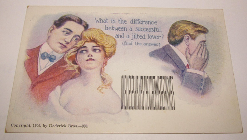 Dederick Bros Squished Letter Puzzle c1906 Postcard PRETTY WOMAN JILTED LOVER