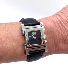ESQ Swiss Silver Tone Black Leather Genuine Esquire Band New Battery Wtr Resist