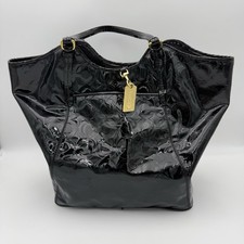 AUTHENTIC COACH OP ART GLOSSY PATENT LEATHER LARGE TOTE BAG PURSE F25703 BLACK