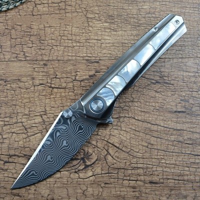 Y-START Folding Pocket Knife Damascus Blade Titanium Pearly Shell Handle