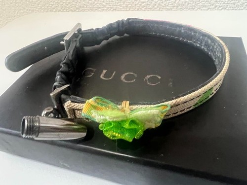 Gucci Canvas/Leather Cat Collar XS Dog W/Box & Charm No Cap W3