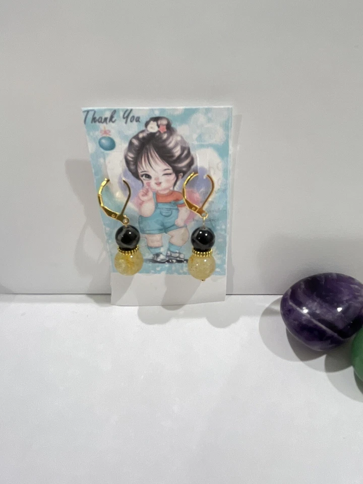 Pendientes de gancho colgantes con cuentas de piedra preciosa de cuarzo rutilado dorado para mujer’s Foto 3 de 4