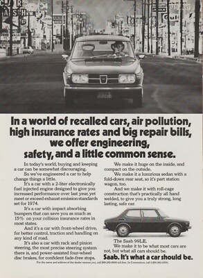 1972 Saab 99LE - City Street, Gas Stations, Car Dealers, Road Signs - Print Ad