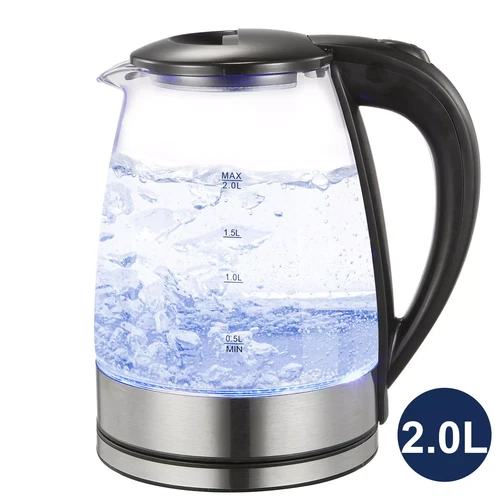 Electric Kettle 2L Fast Boil Quiet Glass Kettle 360 Blue LED Boil-Dry Protection
