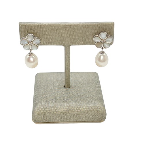925 Sterling Silver White Cultured Freshwater Pearl Stud Earrings Flower Shape - Picture 6 of 8