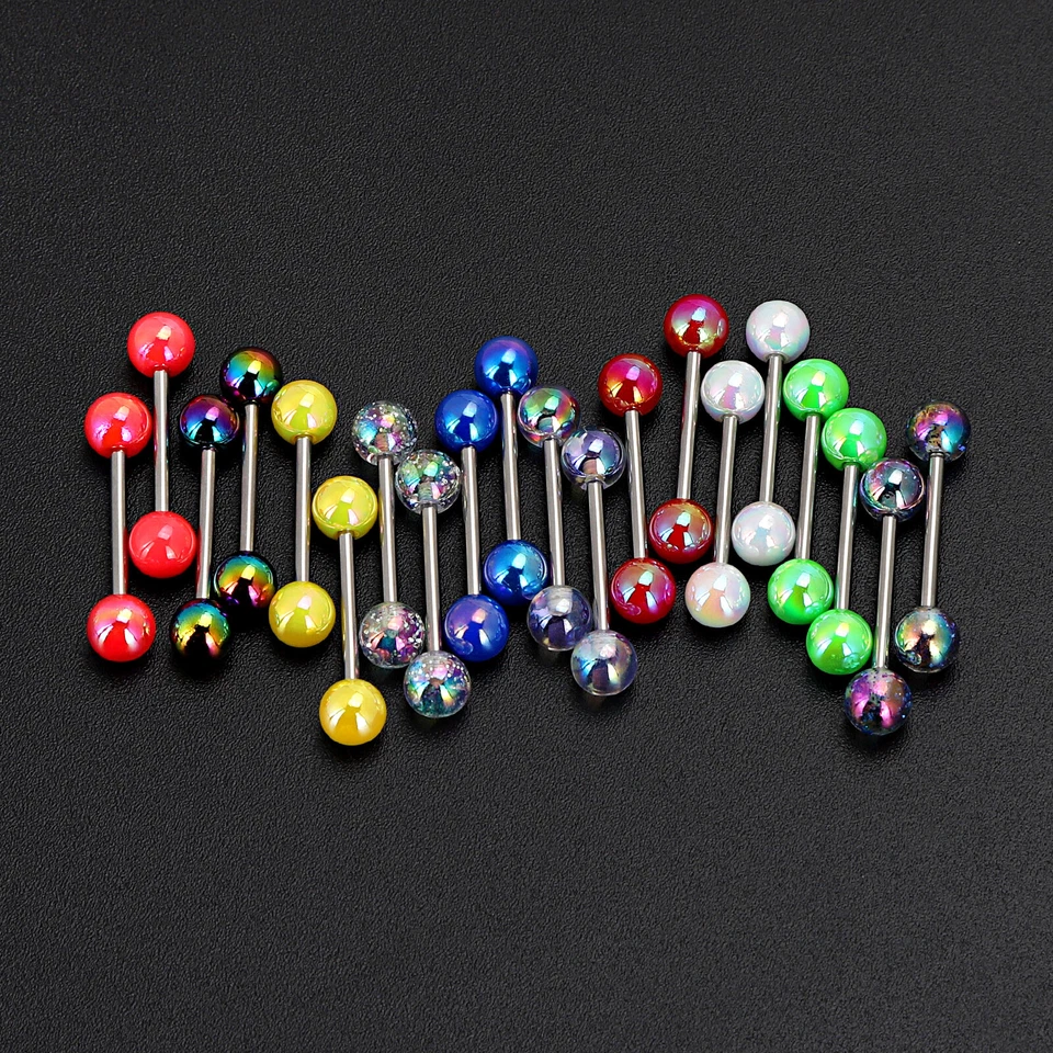 Anillos de lengua de bola coloridos 316L anillo de pezón barra de acero inoxidable barra de 14G 2 piezas Foto 3 de 4