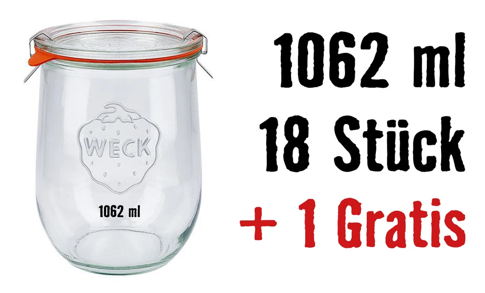 Weck Gläser 1062ml 18 +1 ⭐️ Tulpenglas 1L Einmachglas mit Deckel Gummi Klammer - Bild 1 von 1