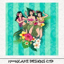 Hawaiian Hula Girls Trio, fabric, sewing, quilting, craft panel