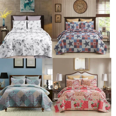 JML Queen King Quilt Set 3PCS Star Printed Lightweight Bedspread Bedding Pillow Sham