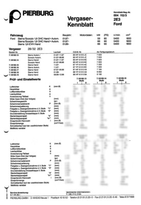 Einstelldaten Datenblatt Pierburg 2E3 Vergaser - Ford Sierra Scorpio 7.18150.13