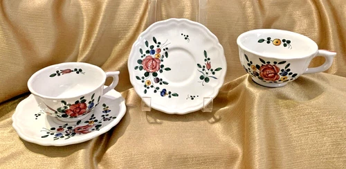 Deruta Italy VTG Majolica Tea Cup & Saucer 4pc Set Hand-Painted Scalloped Floral