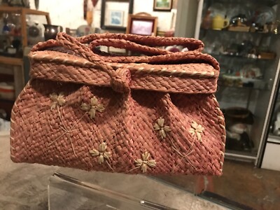 Vintage Antique Mid Century Modern Bohemian Rattan Woven Purse Bag Pink