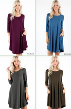 NEW Plus Size 3/4 Sleeve A-Line Swing Dress w/ Side Pockets- L/XL/1X-2X-3X