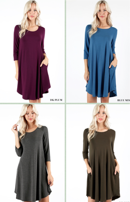 NEW Plus Size 3/4 Sleeve A-Line Swing Dress w/ Side Pockets- L/XL/1X-2X-3X  | eBay