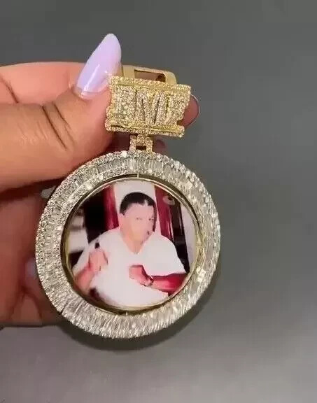 3Ct Baguette Real Moissanite Custom Memory Picture Pendant 14KYellow Gold Plated