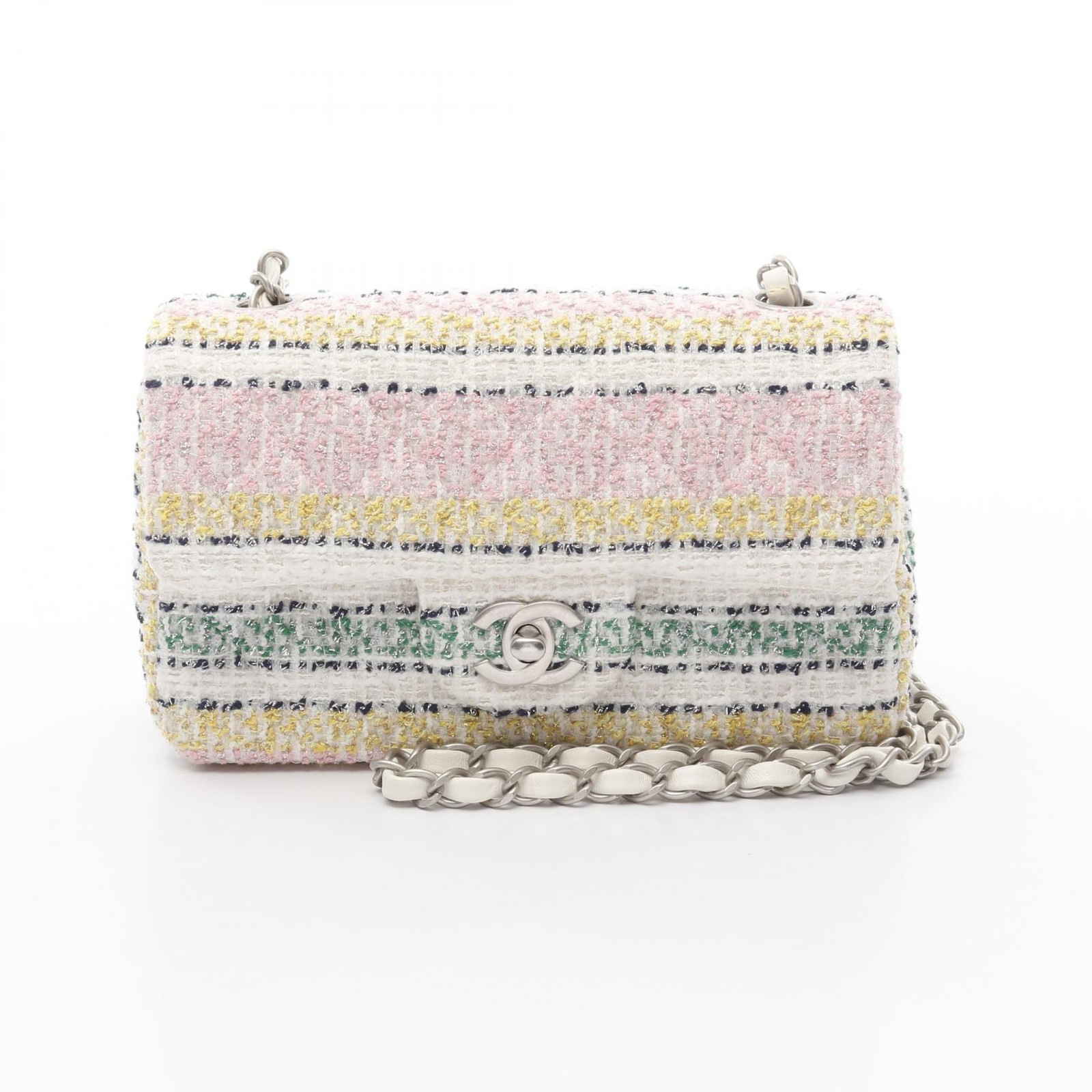 CHANEL Matelasse single flap Chain Shoulder Bag Fabric White Multicolor Used SHW
