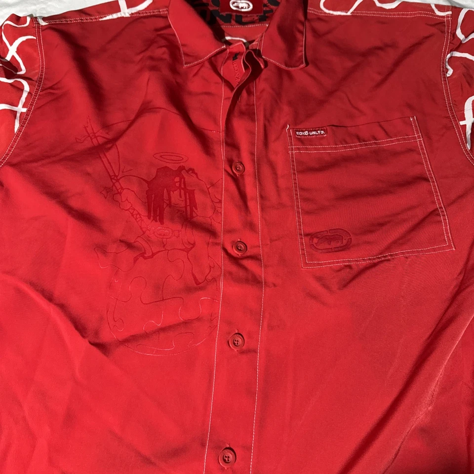 Vintage ECKO Unltd Hip Hop Red Button Up Graffiti Print 90s Rap Y2K Shirt LG - Image 3 of 4