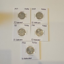 Lot of 5 Austria 10 Groschen Coins (1957, 1959, 1961, 1966) Republik Österreich