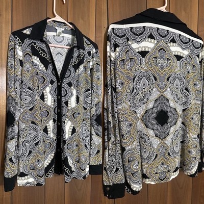 Cache Blouse Womens M Black Paisley Stretch Button Front Long Sleeve Shirt