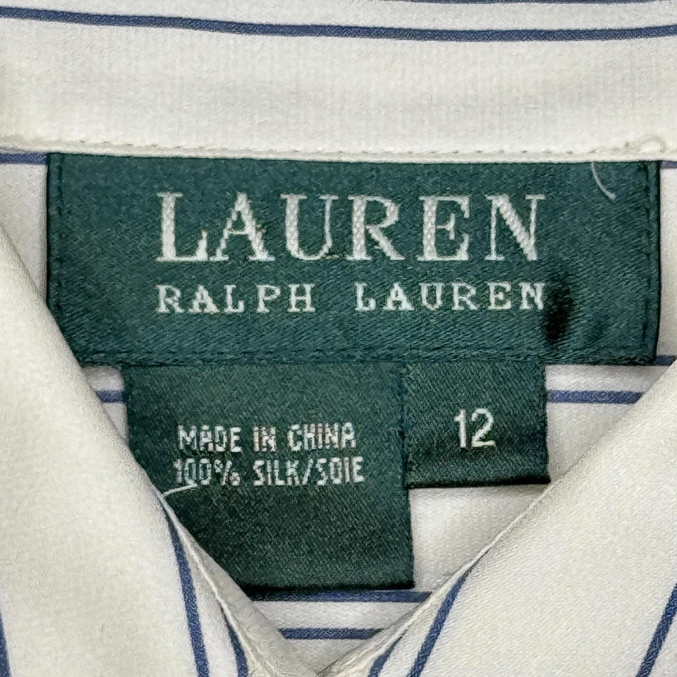 Lauren Ralph Lauren Shirt Womens 12 White Blue Striped 100% Silk Button Down - Image 2 of 4