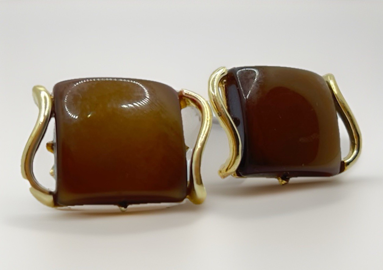 Vintage Coro Signed Chocolate Brown Square & Gold Tone Hinge Clip-On Earrings